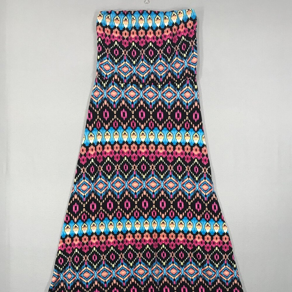 Mudd Dress Women's Medium Blue Pink Multicolor Geometric Pull On Maxi Strapless
